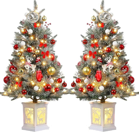 GarveeHome 3 ft Prelit Christmas Tree with 78 Warm Lights & Red Berry, Artificial Xmas Trees with Elk Light Box Base, for Home, Office, Fireside Christmas Decoration, Set of 2