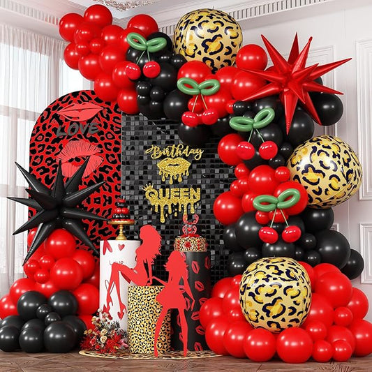 Red Black Balloons Garland Arch Kit, 133pcs Green Cherry Black Red Explosion Star Foil Balloons, 4D Cheetah Print Mylar Balloons for Berry Themed Birthday Baby Shower Bachelorette Party Decorations