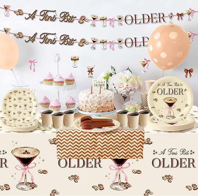Martini Bow Party Decoration - Serves 24 -112Pcs A Tini Bit Older Party Supplies, Espresso Martini Cocktail Coffee Disposable Plate Napkin Fork Tablecloth Banner Card, for Bar Birthday Wedding