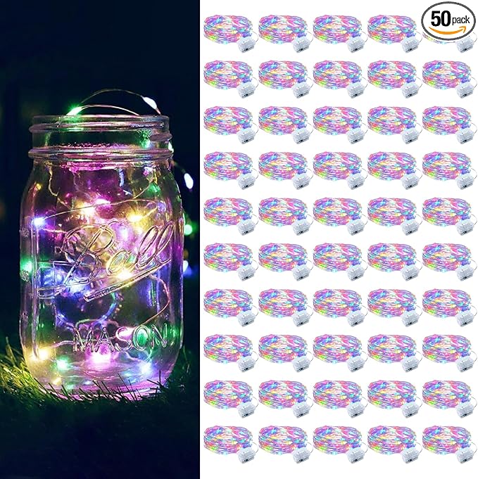 ZGWJ 50 Pack Fairy Lights Battery Operated, 7ft 20 Mini LED Fairy String Lights Silver Wire 3 Modes for DIY, Parties, Wedding, Bedroom, Halloween Christmas Decoration Multicolor