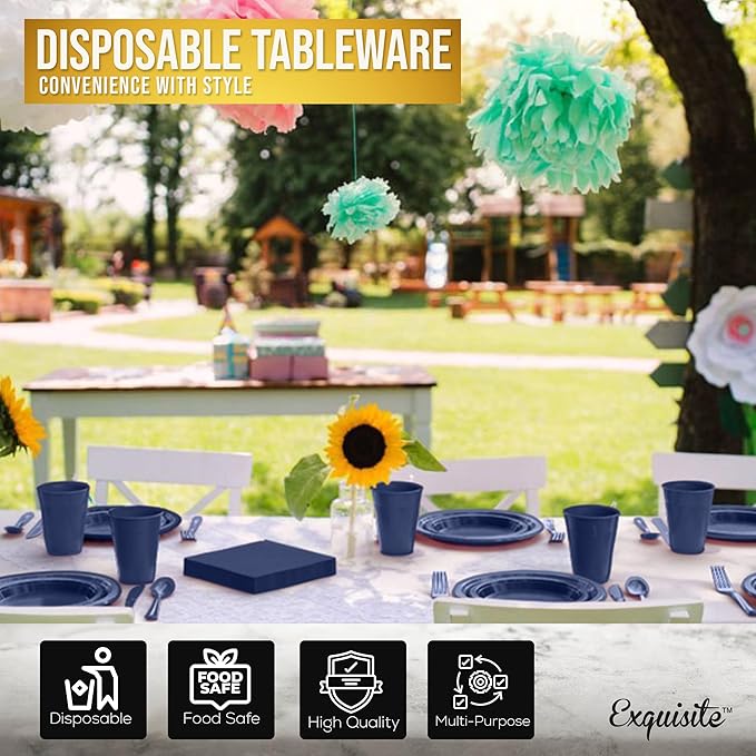Party Solids 350 Pieces Navy Plastic Plates For Party, Navy Disposable Plates Set, 50 Of Each 9" Dinner Plate Set, 7" Dessert Plate, Cups, Napkins & Cutlery Plastic Dinnerware