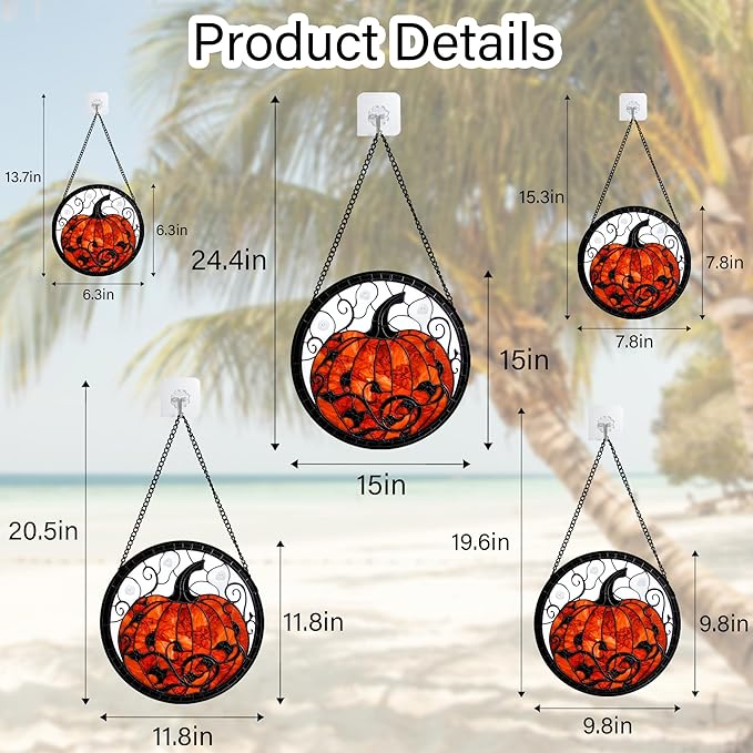 Stained Glass Window Hanging - Halloween Red White Scary Pumpkin Suncatcher for Doors Garden Home Spooky Rattan Sun Catchers Gothic Decor Horror Gifts for Women Men Friend Boy Girl 7.8 in