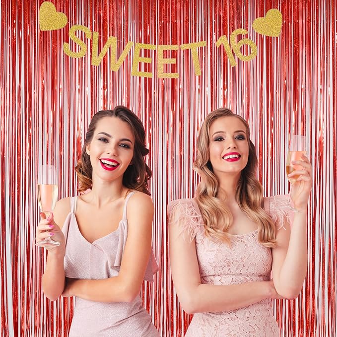 Foil Fringe Curtains Thanksgiving Decorations Red Streamers Party Decorations - Melsan 3 Pack 3.2 x 8.2 ft red Fringe Backdrop Party Photo Backdrop for Back to School Birthday Party Baby Shower