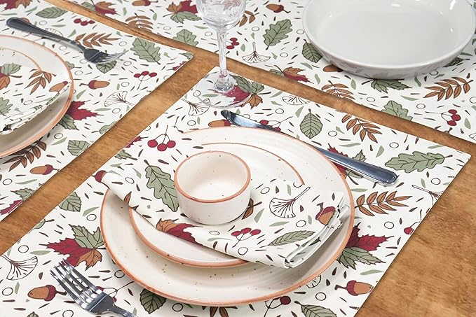 PurpleEssences Fall Harvest Thanksgiving Napkins 18x18 Inch, Set of 6-100% Cotton Autumn Leaves Print - Reusable, Washable Dinner Napkins for Home, Kitchen & Parties - Sienna Sage