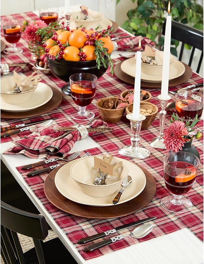 Solino Home Linen Table Runner 108 Inches Long - 100% Pure Linen Burgundy Tartan Plaid Table Runner 14 x 108 Inch for Dining, Fall, Christmas, Xmas