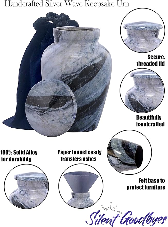 Small Keepsake Cremation Urns for Human Ashes - Marble Finish Metal Keepsake Urn - Mini Cremation Urn for Pet Ashes - Handcrafted Memorial Urn - Funeral Urns with Velvet Bag (Silver Wave)