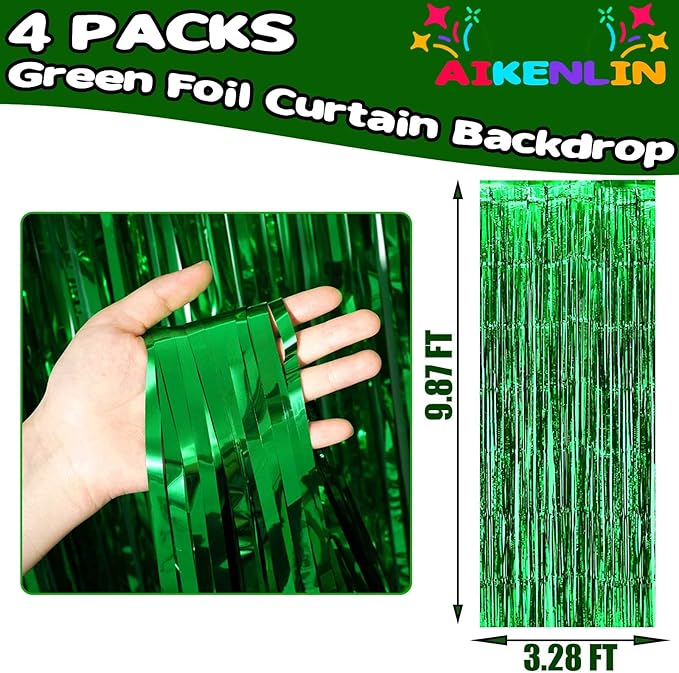 4 Pack 3.2Ft x 9.8Ft Green Foil Fringe Curtain Backdrop, Metallic Tinsel Foil Fringe Streamers Curtains for Party, Photo Booth Props, Birthday, Wedding, Christmas Party Decoration Supplies