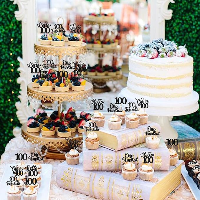30PCS Happy 100th Birthday Cupcake Toppers One Hundred Cheers to 100 Years Birthday Cupcake Picks Hello 100 Fabulous Cake Decorations for Happy 100th Birthday Anniversary Party Supplies Black