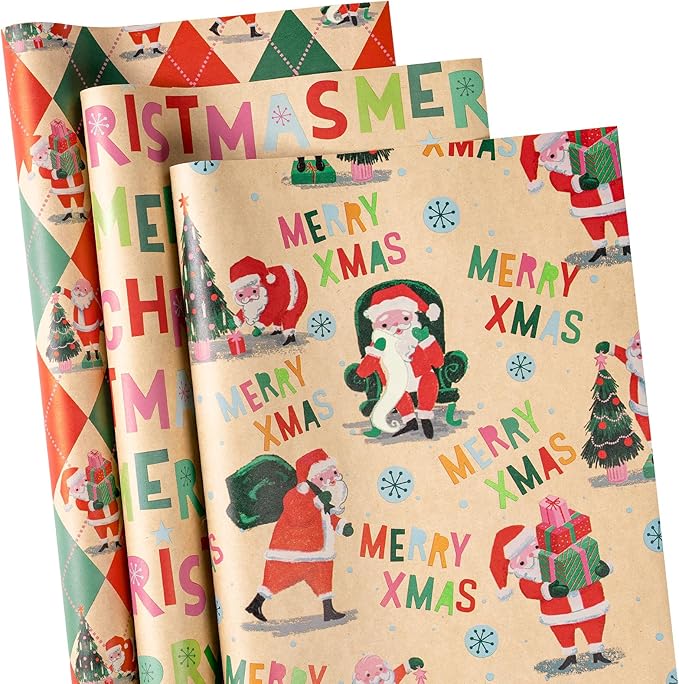RUSPEPA Christmas Wrapping Paper Roll Set, Mini Rolls, Vintage Santa, Merry Christmas Text and Holiday Scenes Design Gift Wrap for Kids, Adults and Holiday, 3 Rolls, 17 inches x 10 feet per Roll