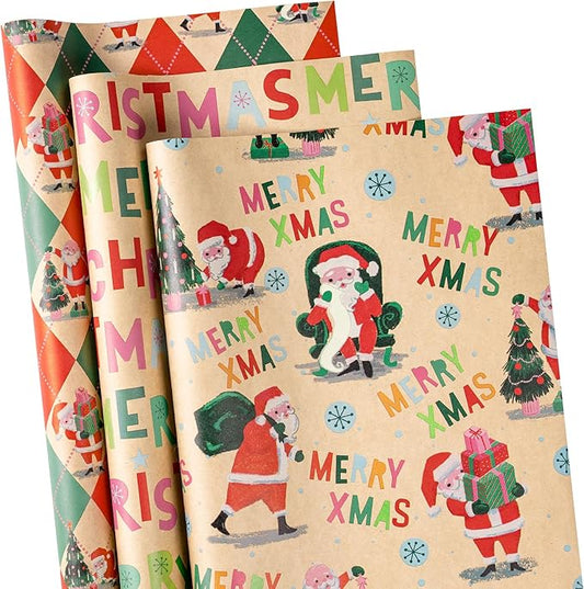 RUSPEPA Christmas Wrapping Paper Roll Set, Mini Rolls, Vintage Santa, Merry Christmas Text and Holiday Scenes Design Gift Wrap for Kids, Adults and Holiday, 3 Rolls, 17 inches x 10 feet per Roll