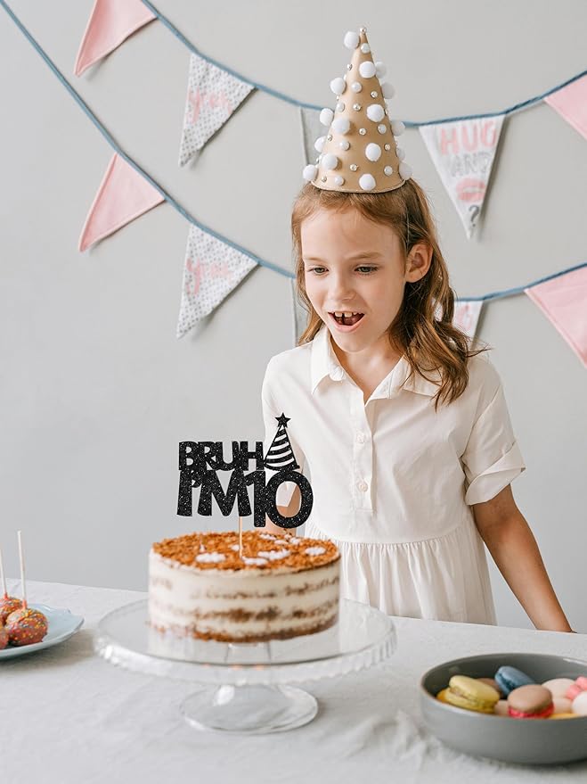Bruh I’m 10 Cake Topper - Glitter Black 10th Birthday Cake Decorations, 10 Years Old Birthday Cake Smash Decor (10)