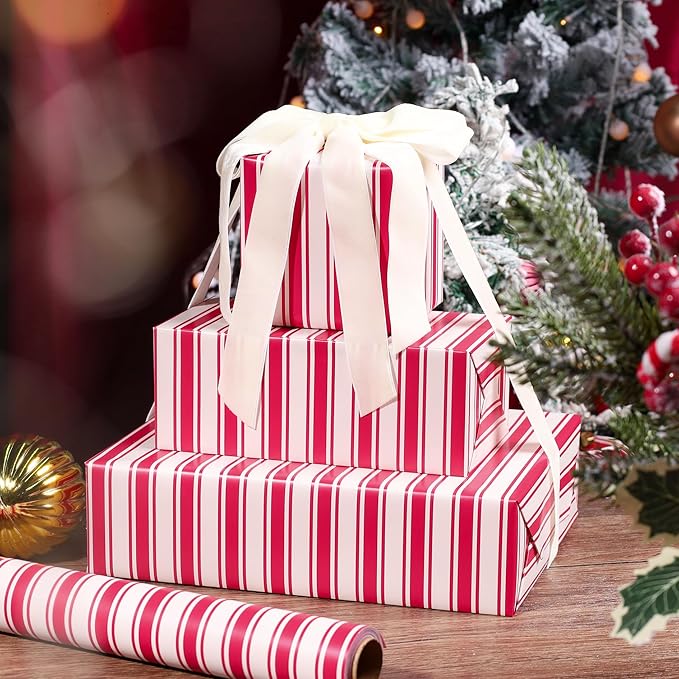 LaRibbons Christmas Wrapping Paper Roll, Classic Red & White Striped Gift Wrap for Christmas, Holiday, Winter Party, 17 Inch x 33 Feet