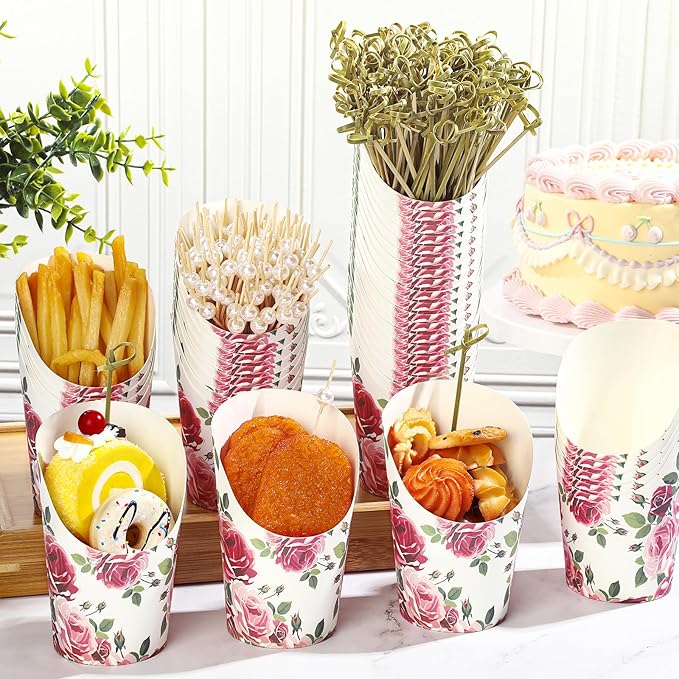 Tioncy 250 Pcs Charcuterie Cups with Cocktail Picks Sets, Bridal Shower Decoration 50 Charcuterie Cups with 200 Sticks for Wedding Baby Shower Floral Boho Witch Party Decorations(Rosy,Blossoms)