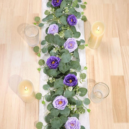 TOCHGREEN 2 Pack 13Ft Artificial Eucalyptus Flower Garland with Purple Roses, Fake Rose Flower Greenery Garland Floral Vines for Wedding Home Party Table Runner Decor (Purple, 2PCS)