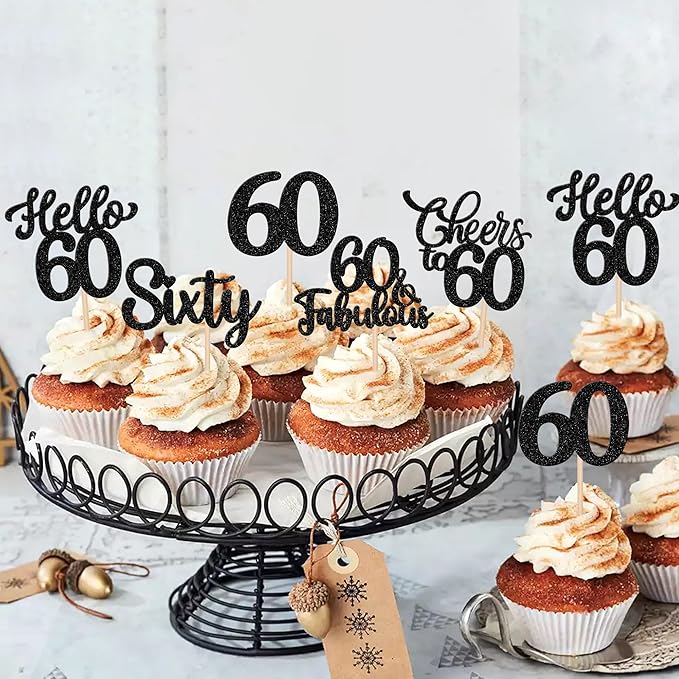 30PCS Happy 60th Birthday Cupcake Toppers Glitter Hello 60 Fabulous Sixty Cheers to 60 Years Old Birthday Cupcake Picks for Happy 60th Birthday Anniversary Party Cake Decorations Supplies Black