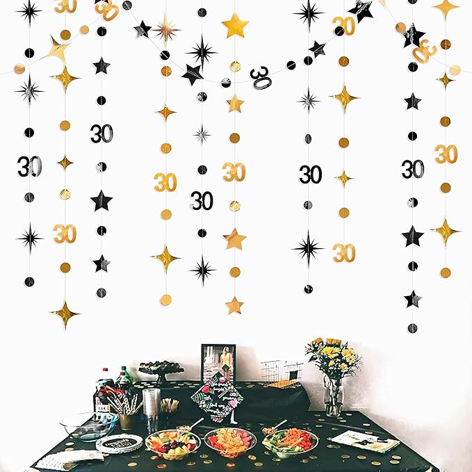 Black Gold 30th Birthday Decorations Number 30 Circle Dot Twinkle Star Garland Metallic Streamer Bunting Banner Backdrop for Mens Womens Happy Dirty 30 Year Old Thirty Anniversary Party Supplies