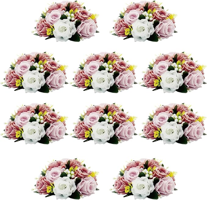 10Pcs Artificial Flower Balls for Centerpieces, Large Round Rose Balls for Parties Valentine's Day Wedding Centerpieces and Home Office Decor (Dusty Pink & White)