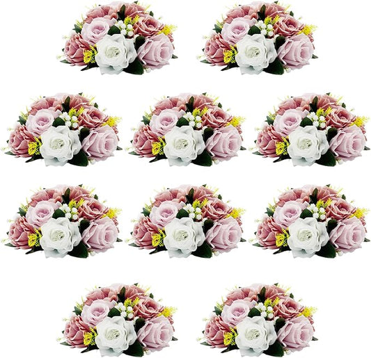 10Pcs Artificial Flower Balls for Centerpieces, Large Round Rose Balls for Parties Valentine's Day Wedding Centerpieces and Home Office Decor (Dusty Pink & White)