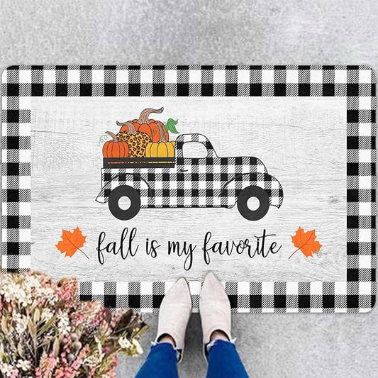 InterestPrint Thanksgiving Welcome Doormat, Fall Truck Harvest Pumpkin Doormat for Front Door Outdoor Outside Entrance Porch Non Slip Rubber Rug Autumn Thanksgiving Farmhouse Decor, 24"x16"inch