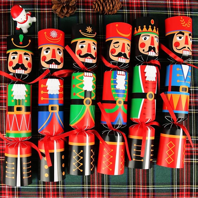 12 Pack Non-Snap Christmas Table Party Favors with Party Hats Joke Little Gifts for Kids Adults, Christmas Cute Nutcracker Characters Design, Xmas Seasonal Holiday Dinner Traditions Supplies