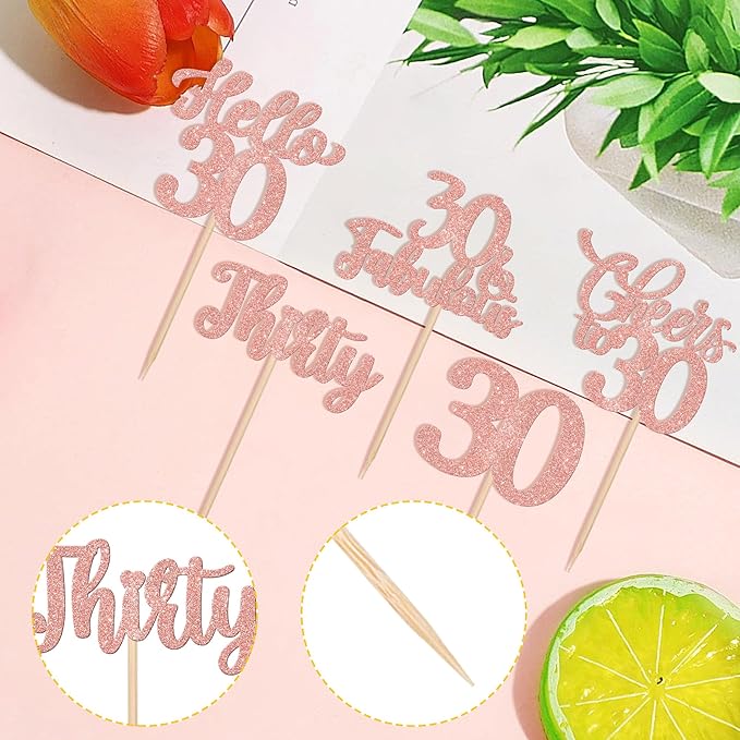 30PCS Happy 30th Birthday Cupcake Toppers Glitter Thirty Cheers to 30 Years Old Birthday Cupcake Picks Hello 30 Fabulous Cake Decorations for Happy 30th Birthday Anniversary Party Supplies Rose Gold