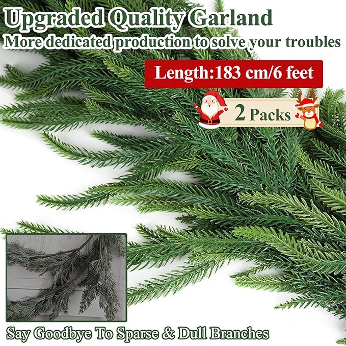 12FT(2*6FT) Real Touch Norfolk Pine Garlands, Realistic Christmas Garland Fire Resistant, Winter Artificial Green Garlands for Mantle, Stairs, Fireplace, Indoor Outdoor Christmas Decorations
