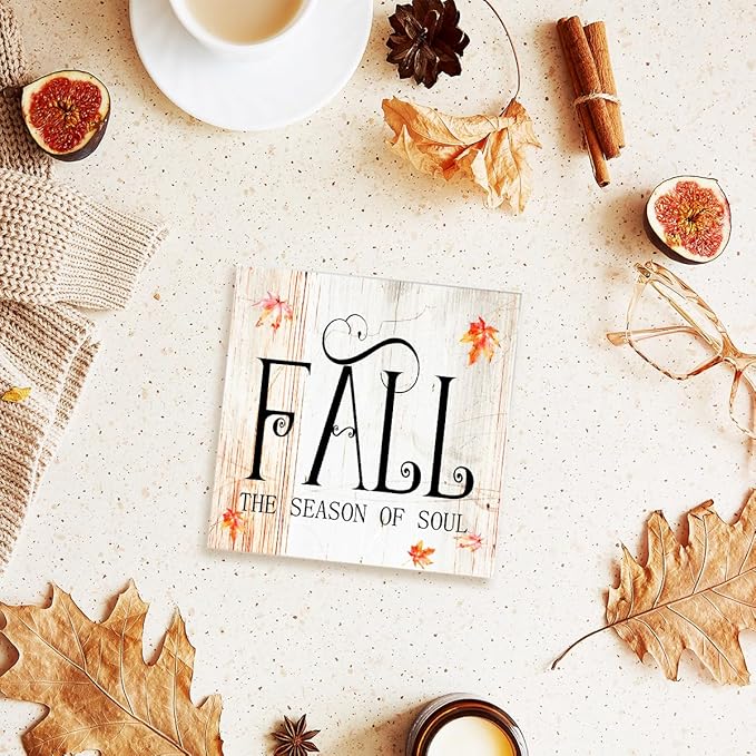 Funny Autumn Maple Leaves Wood Box Sign Fall The Season of Soul Wooden Block Desk Decor for Home Office Kitchen Cubicle Table Shelf Tabletop,Farmhouse Fall Sign Decor