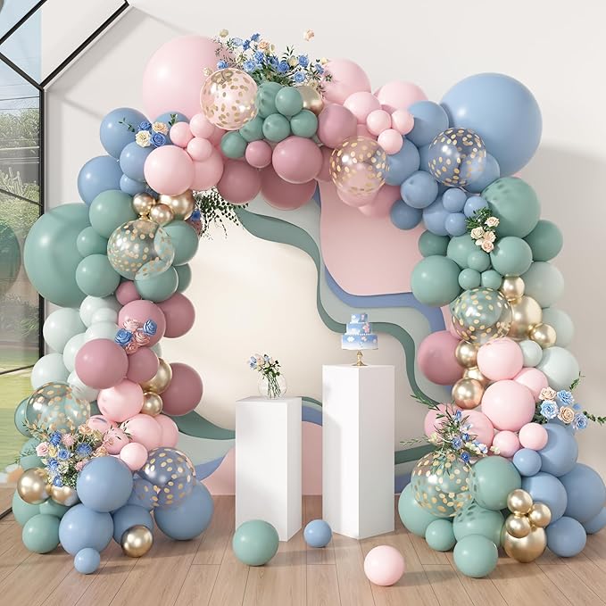 Amandir 173Pcs Pink Blue Green Balloon Arch Garland Kit, Dusty Baby Pink Mauve Pastel Mist Haze Green Blue Gold Confetti Balloons for Baby Shower Gender Reveal Wildflower Birthday Party Decorations