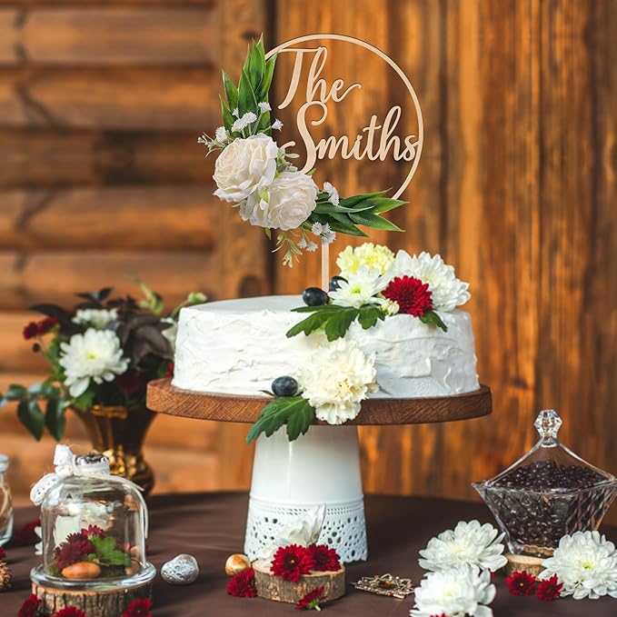 3D Flowers Wedding Cake Topper Custom Last Name Wedding Cake Decoration in Wood with 3D Artificial Roses