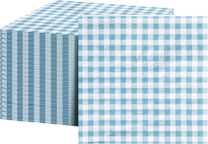 FLOWERCAT 100-Count 2-Ply Blue Checkered Cocktail Napkins Gingham - Blue and White Checkered Napkins Disposable Premium Quality - 5" x 5" Blue Paper Napkins for Easter Party,Bar,Weddings