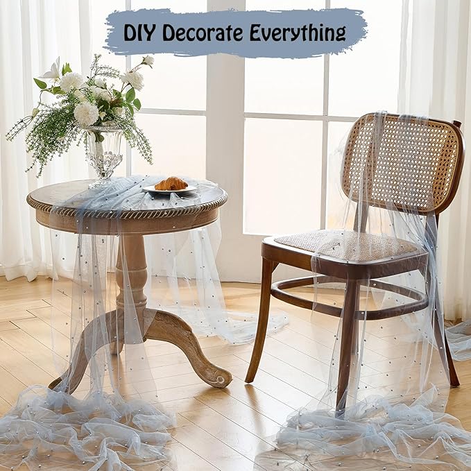 Fanami 3 Pack Pearl Table Runner -10FT Dusty Blue Boho Tulle Table Runners 120 Inches Long Rustic Sheer Lace Fabric Centerpieces for Wedding Arch Birthday Party Bridal Veil Baby Shower Decorations