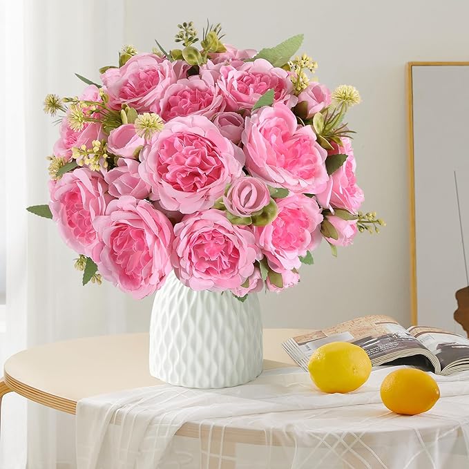 Artificial Peonies Silk Flowers Bouquets: Faux Peony Bouquet 8 Bundles, Fake Peonies Flowers Bulk for Centerpiece Table Wedding Party Home Decor for Vase Decoration (Pink)