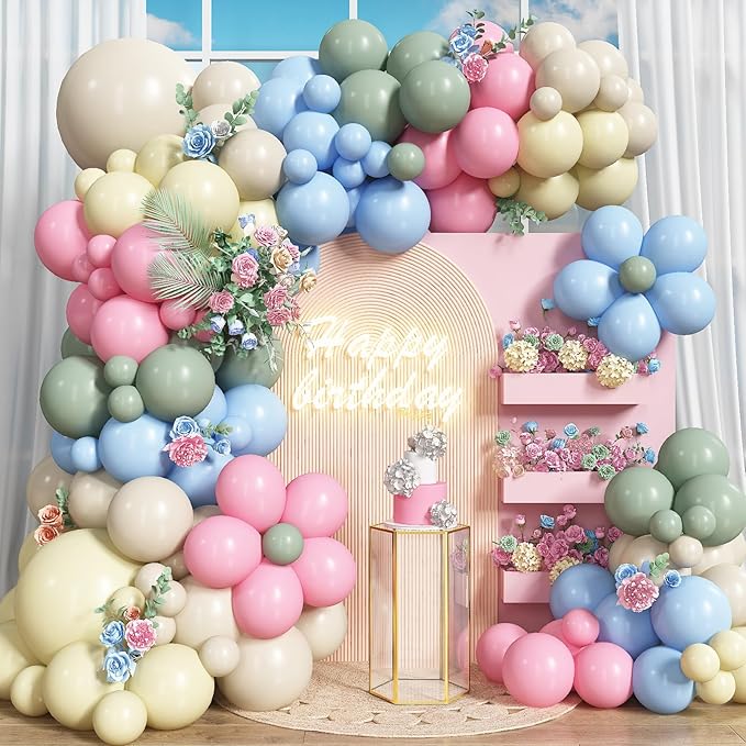 Pink Green Balloons Arch Sage Green Pink Blue Yellow White Balloon Garland Pastel Blue Yellow Beige Olive Latex Balloons Fairy Birthday Tea Goose Party Decorations Wedding Wildflower Baby Shower