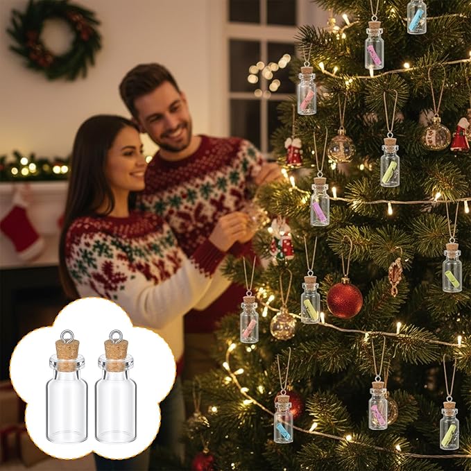 10 Pcs Mini Bottles with Cork, 2ml Tiny Jars with Lids and Keychains Empty Spell Jars Glass Wishing Bottles for DIY Crafts Wedding Halloween Chrismas Hanging Ornaments