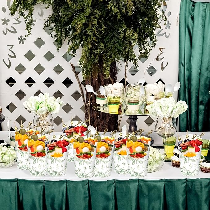 Tioncy 250 Pcs Floral Charcuterie Cups with Cocktail Picks Sets, Floral Bridal Shower Decoration 50 Charcuterie Cups with 200 Sticks for Wedding Baby Shower Party Decorations(Green,Flower)