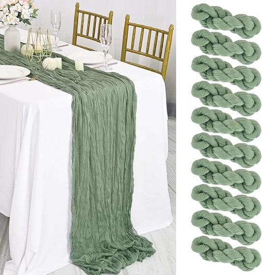 10 Packs Sage Green Cheesecloth Table Runner, 10Ft x 35" Sage Rustic Gauze Boho Wedding Table Decor