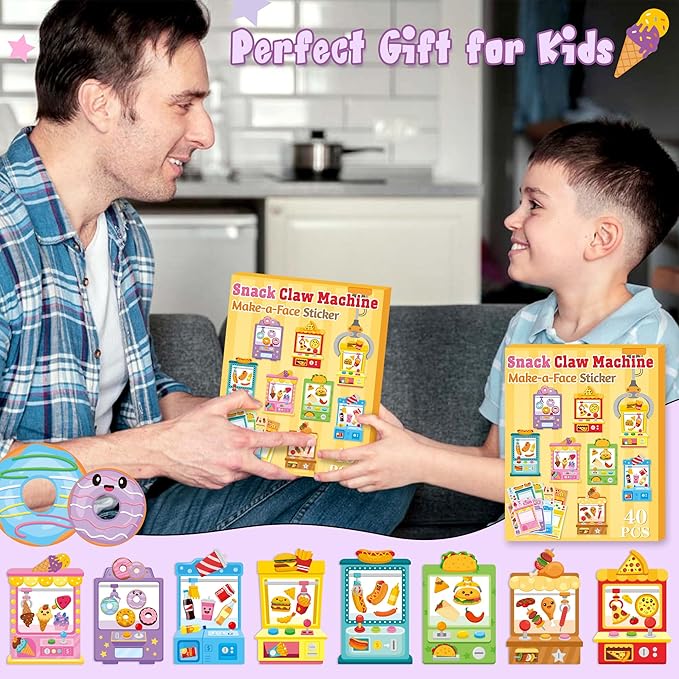 CY2SIDE 40Pcs Snack Vending Machine Face Sticker for Kids, Make A Snack Claw Machine DIY Sticker Sheets, Make Your Own Fast Food Decal Craft Games for School Reward, Food Shop Theme Craft Party Favor