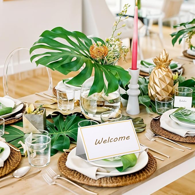 Place Cards for Table Setting - 50Pcs White Blank Table Place Cards with Gold Foil Border, Table Seating Name Cards for Weddings, Banquets Dinner Parties (Folfding Size 2x3.75 inches) (White)