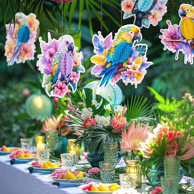 Tropical Birds Honeycomb Decorations, Parrot Honeycomb, Birds Hanging Decorations for Jungle Hawaiian Summer Beach Luau Party
