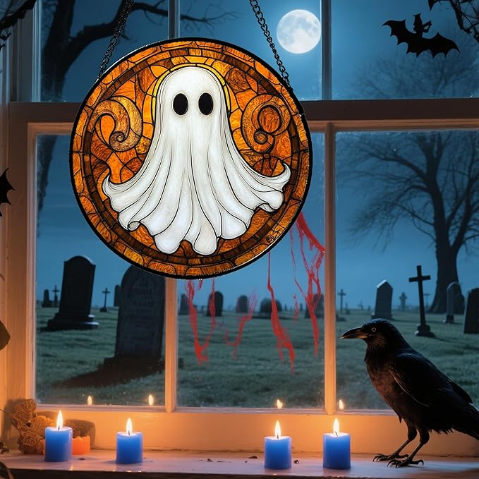Stained Glass Window Hanging - Halloween Decoration Cute Ghost Suncatcher for Doors Garden Orange Black Spooky Sun Catchers Gothic Decor Horror Gifts for Women Men Friend Boy Girl 15 in