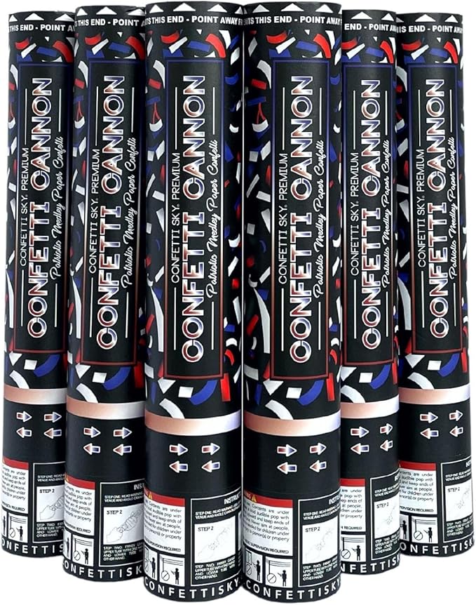 Confetti Sky [6 Pack] 12 Inch Confetti Cannons | Confetti Poppers for Wedding Celebration, Birthday Party, Pranks, Graduation, Christmas Eve and New Year Celebration (Blue,red,white)