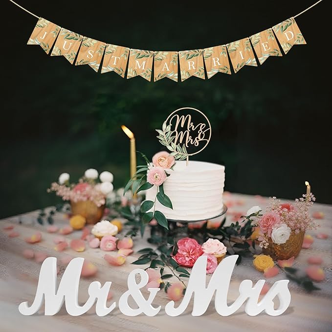 Mr & Mrs Cake Topper & Just Married Banner & Mr Mrs Table Sign Green Wedding Decorations in Wood