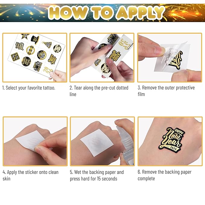 Happy New Year 2026 Temporary Tattoos Stickers – 96PCS Gold New Year’s Eve Party Favors, Decorations, Countdown Celebration Supplies, Holiday Festival Accessories Gifts for Kids and Adults