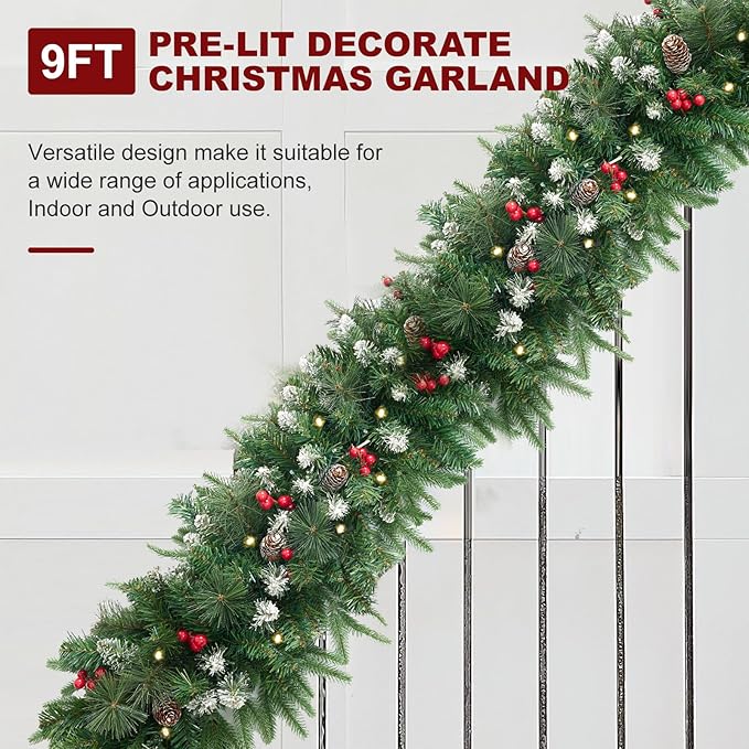 9Ft Artificial Christmas Garland with 50 Lights, Xmas Holiday Decoration Snow Flocked Artificial Garland with Pinecones Berries for Stairs Fireplaces Wall Door for Stairs