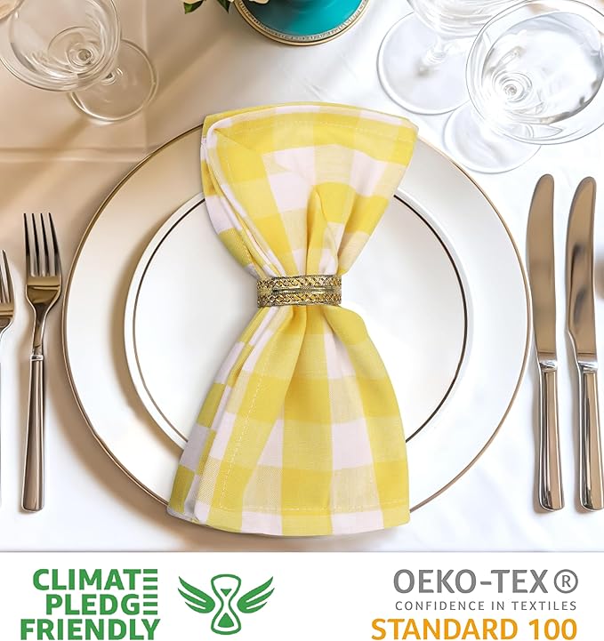Urban Villa Easter Cloth Napkins 100% Cotton Dinner Napkins Highly Absorbent 20x20 Inches (Set of 12) Yellow White Buffalo Checks Reusable Washable Soft Durable Napkins Ideal for Home Wedding Parties