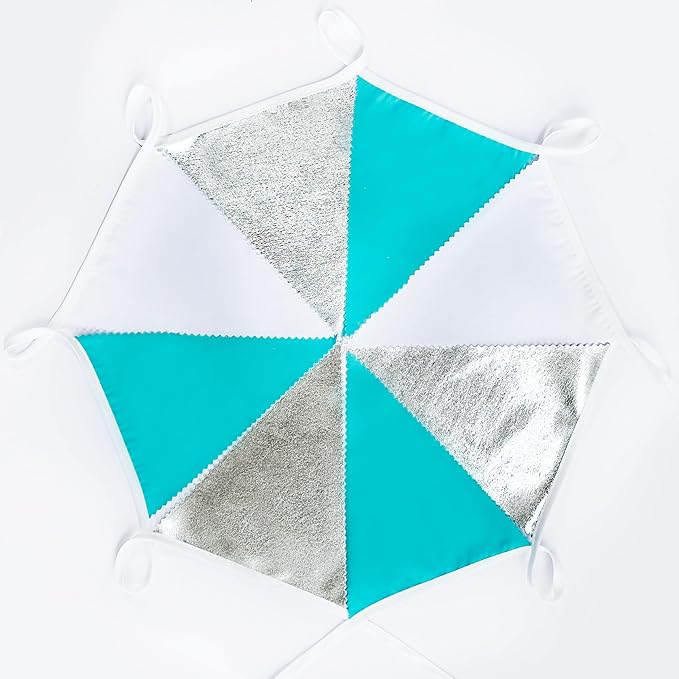 32Ft Teal Blue Silver Party Decorations Silver Aqua Green Fabric Pennant Triangle Banner Flag Streamer Garland for Under The Sea Birthday Ocean Baby Shower Summer Gender Reveal Party Decor Supplies