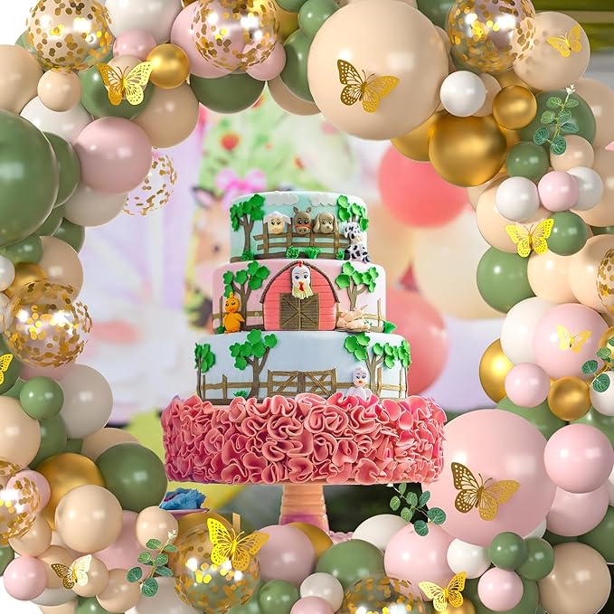Sage Green Pink Balloon Arch Kit 153Pcs Light Pink Olive Green Blush White Gold Latex Confetti Balloons Garland Artificial Eucalyptus 3D Butterfly for Baby Shower Birthday Party Decorations