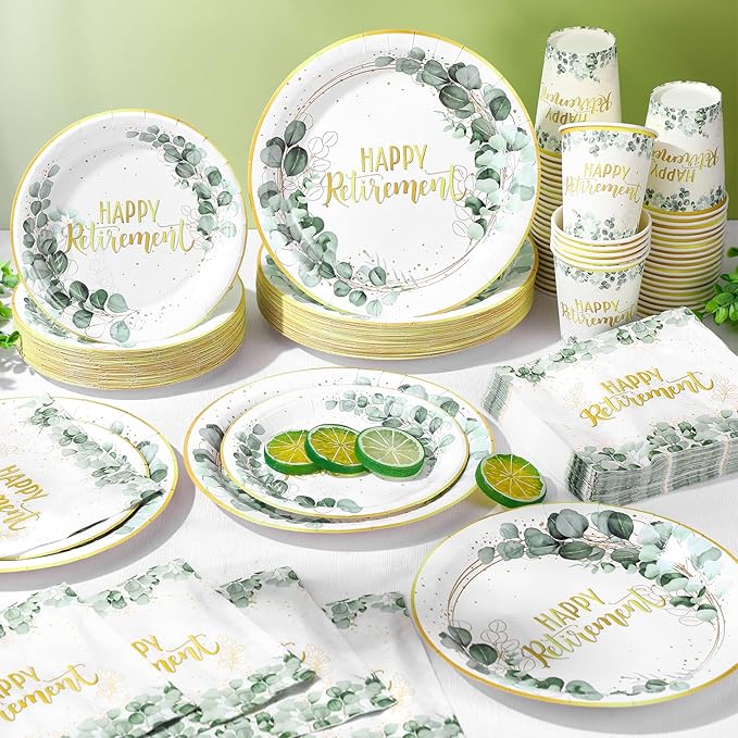 250 Pcs Sage Green Retirement Party Decorations Happy Retirement Paper Plates Napkins and Cups Greenery Gold Tableware Set for Women Men Coworker Goodbye Going Away Party Supplies, Serves 50