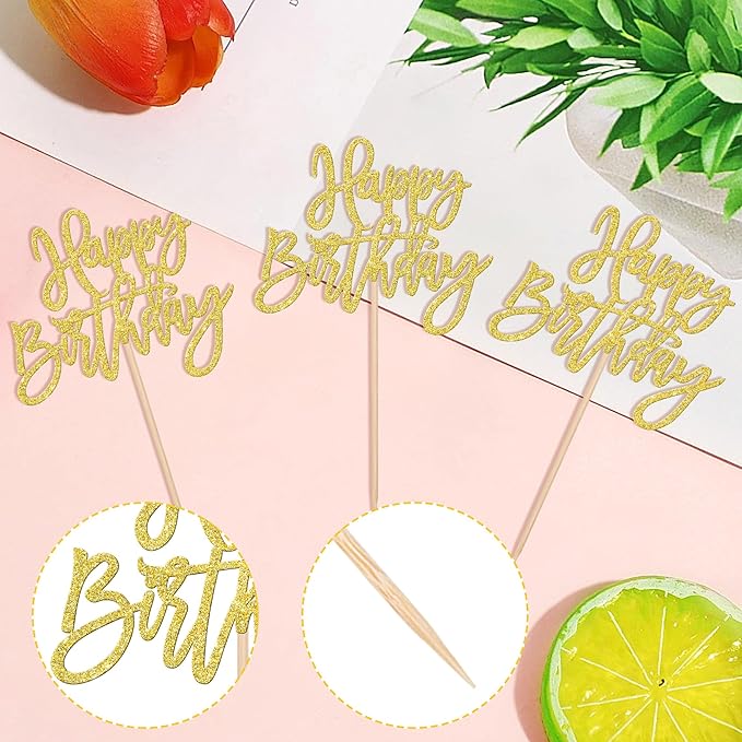 24 PCS Happy Birthday Cupcake Toppers Glitter Picks for Celebrating Anniversary Theme Party Cake Decorations Supplies Gold
