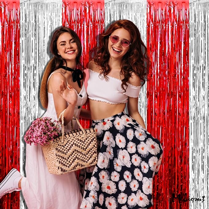 4 Pack 3.2Ft x 9.8Ft Red and Silver Fringe Curtain Backdrop, Metallic Tinsel Foil Fringe Streamers Curtains Background for Photo Booth Wedding Circus Welcome Carnival Birthday Party Decorations